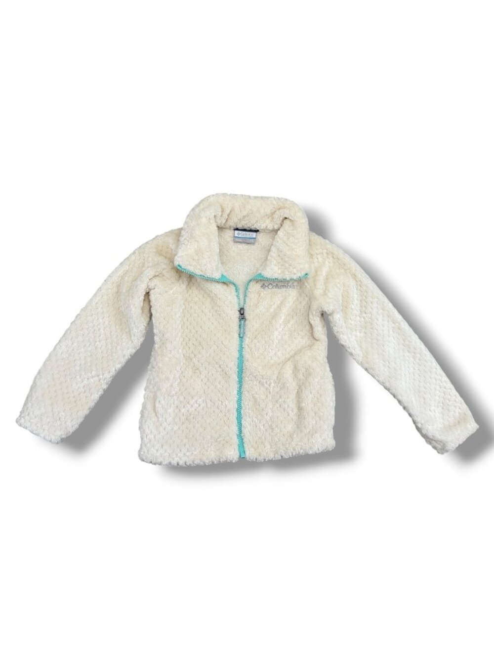 New Girls Columbia Fleece Ivory/ Cream Sherpa Teal Full Zip Jacket Size XS 6-7Y